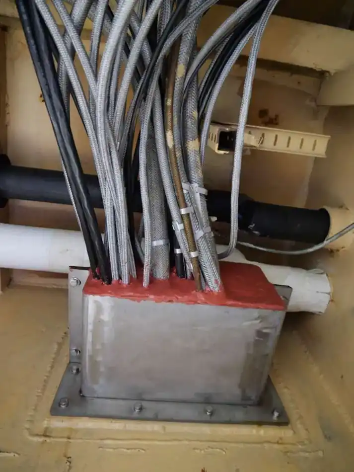 Marine cable penetration with sealed pass-through and braided cable protection
