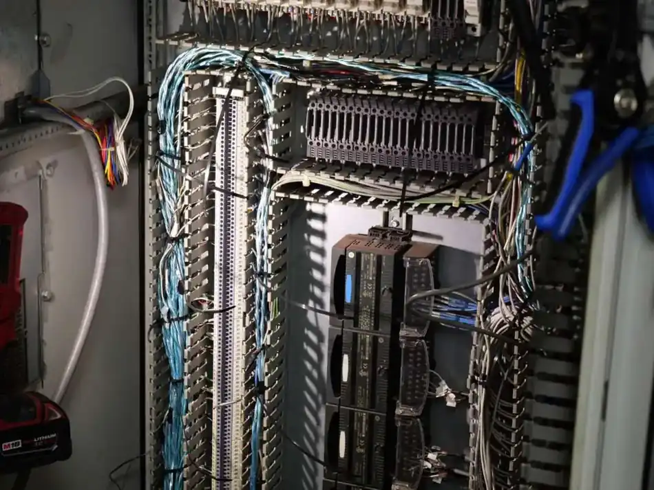 Close-up of I/O modules, cabinet wiring and terminal strips