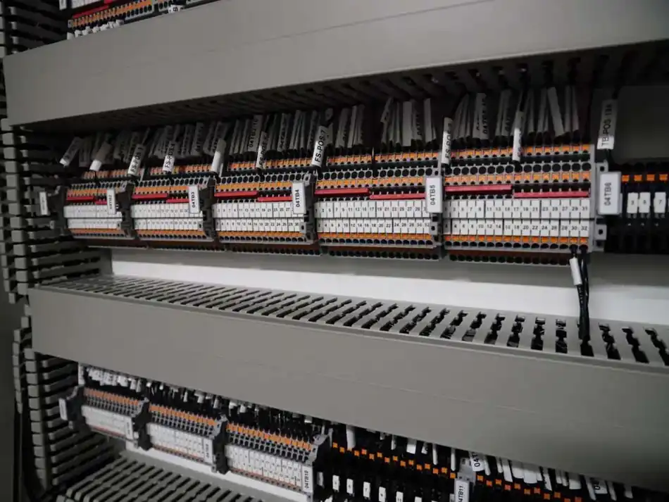 Labeled terminal blocks organized inside a control panel